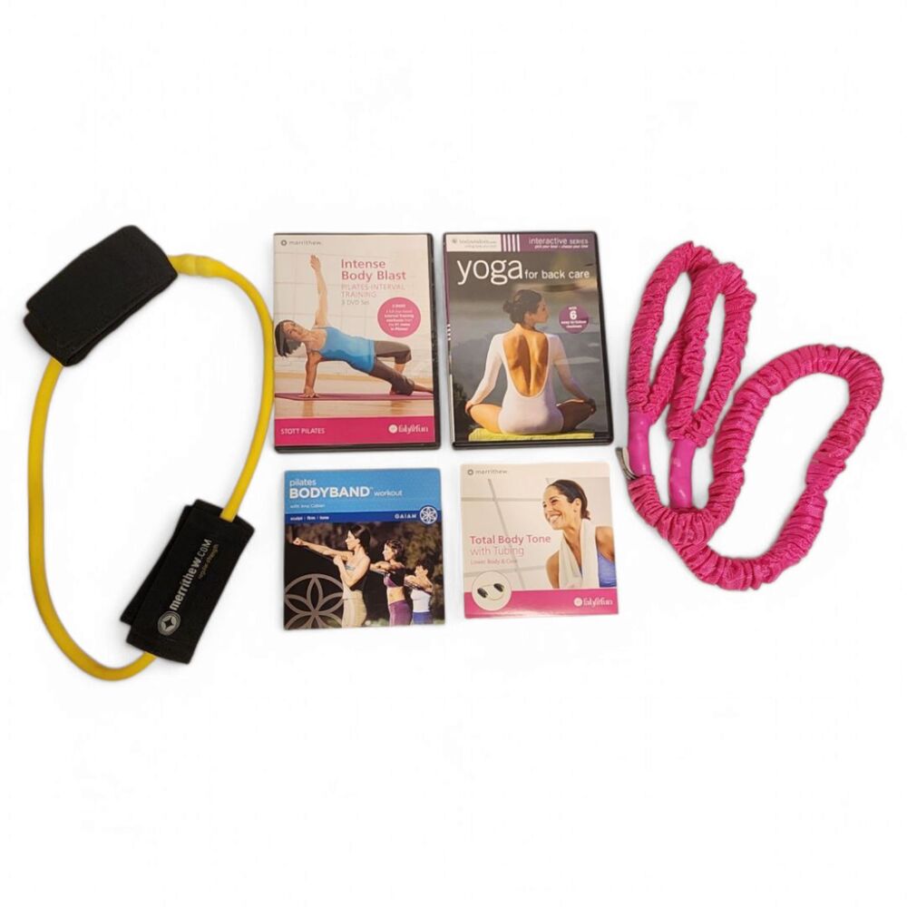 Lot of 4 Workout DVDs with Resistance Bands / Tubing – Fitness Exercise Set